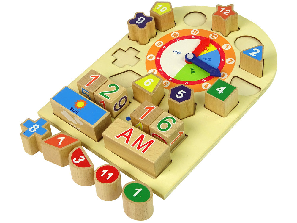 Dřevěný vzdělávací hodiny sorter s barevnými čísly a tvary