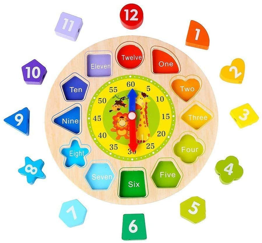 Dřevěný vzdělávací hodiny sorter s čísly tvary barvy