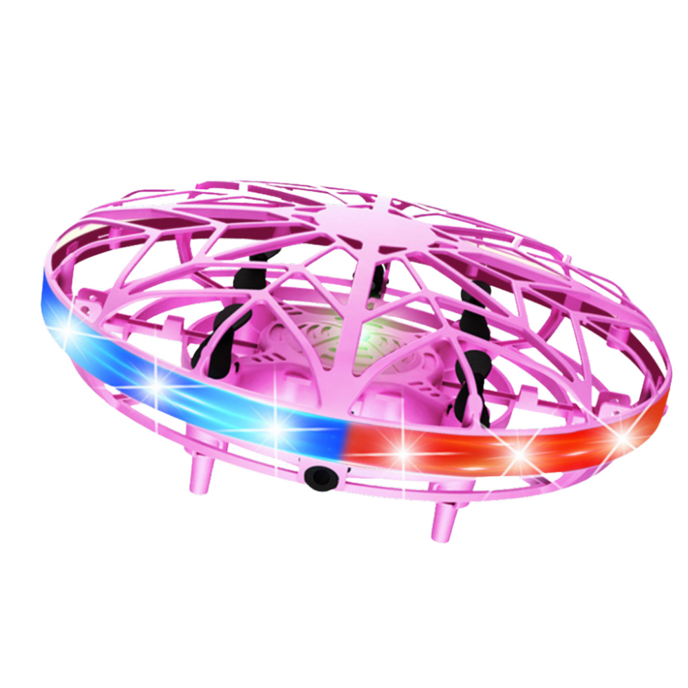 Dron UFO ovládaný rukou s LED světly a ochranou vrtulí růžový