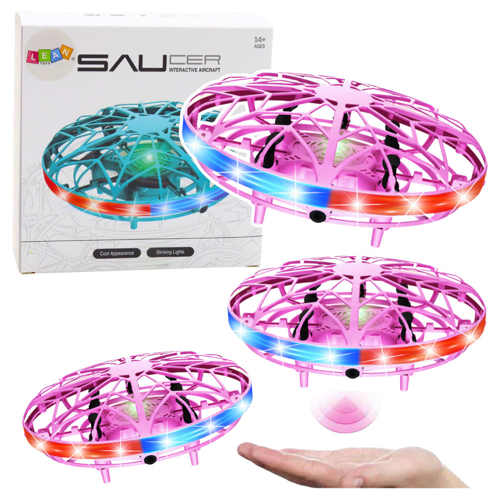 Dron UFO ovládaný rukou s LED světly a ochranou vrtulí růžový