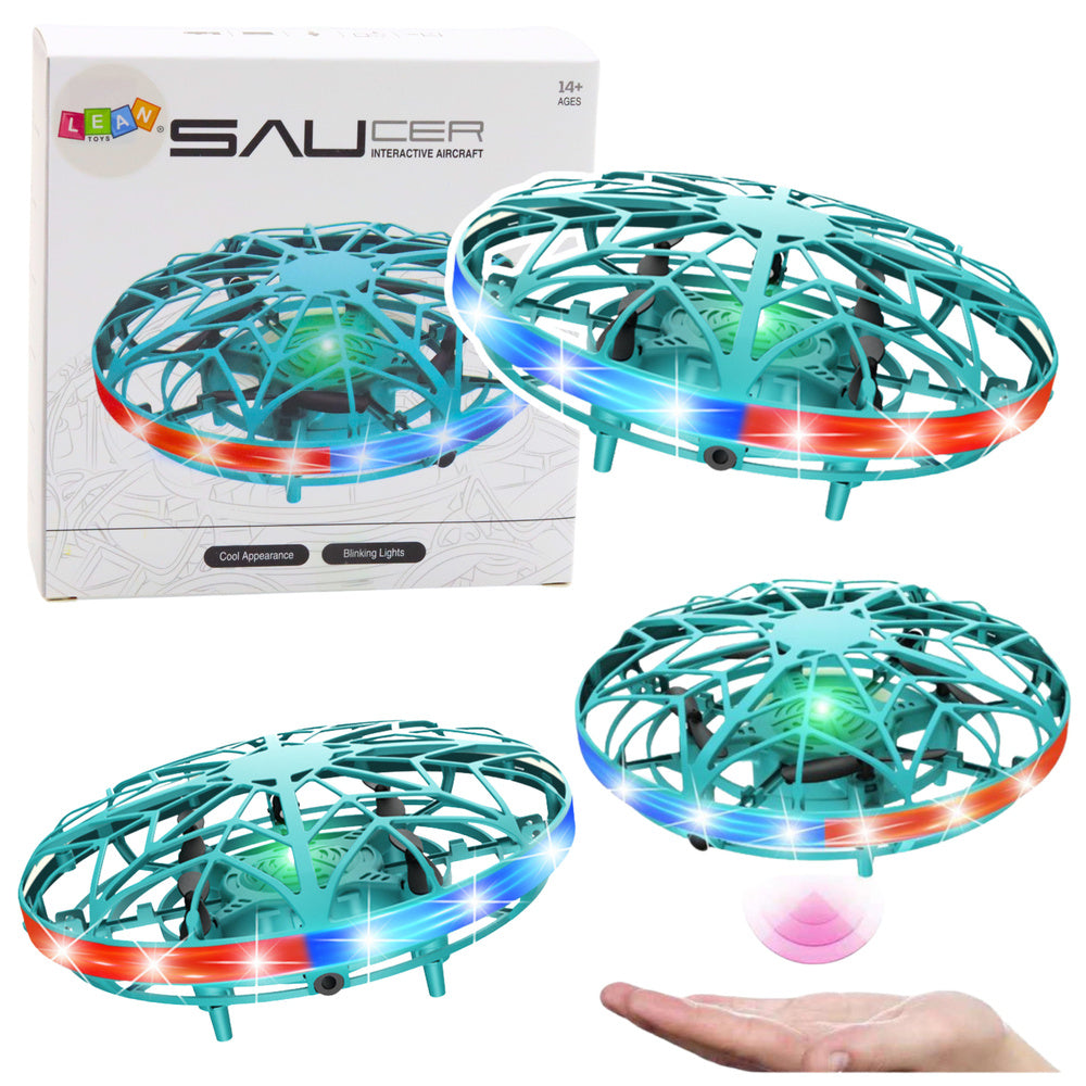 Dron UFO ovládaný rukou s LED světly a USB nabíjením tyrkysový