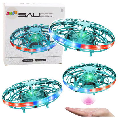 Dron UFO ovládaný rukou s LED světly a USB nabíjením tyrkysový