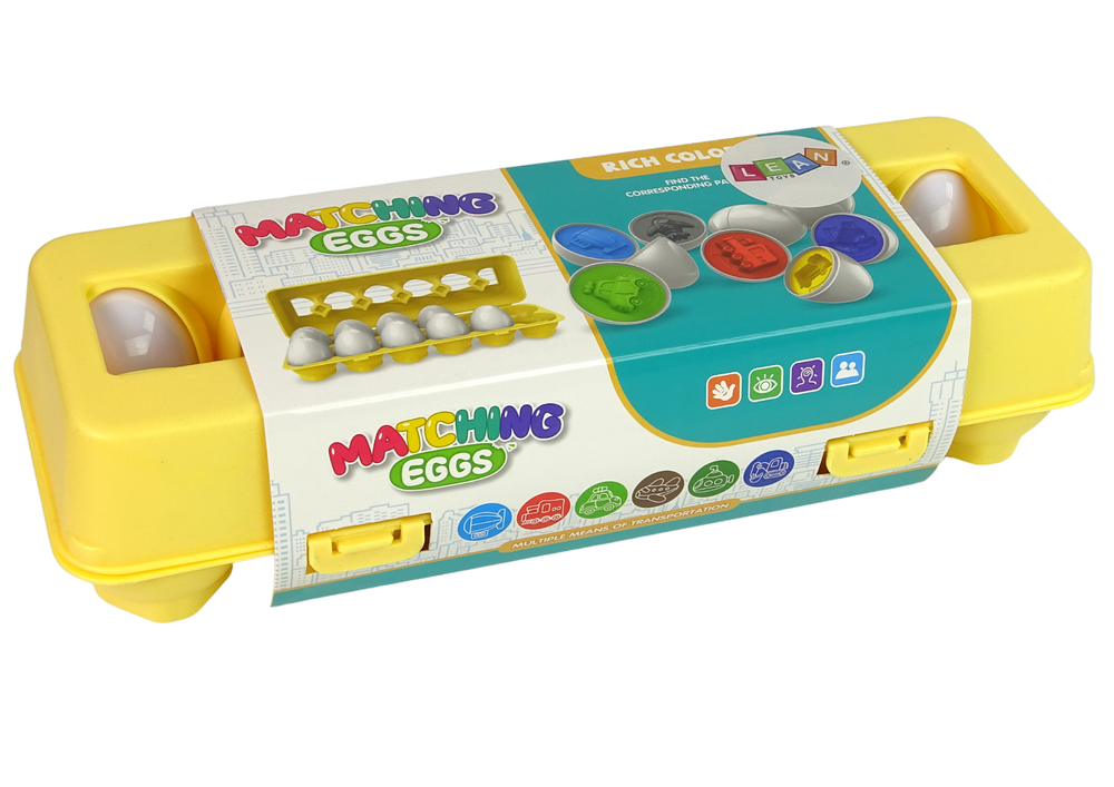 Edukační sorter 12 vajíček s vozidly – puzzle tvary barvy