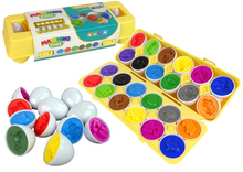 Edukační sorter 12 vajíček s vozidly – puzzle tvary barvy