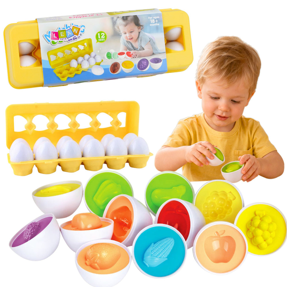 Edukační sorter s barevnými vejci a ovocem – 12 kusů