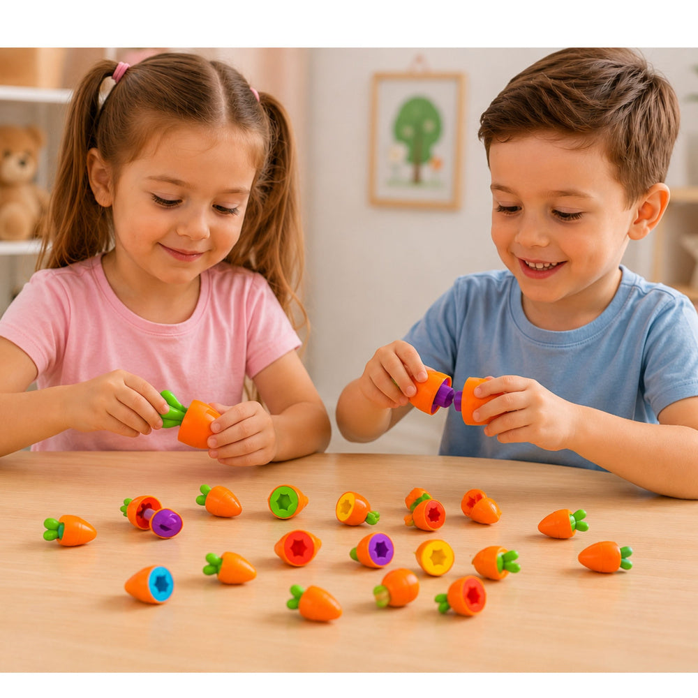 Edukační sorter s mrkevmi na třídění tvarů a barev – 12 ks