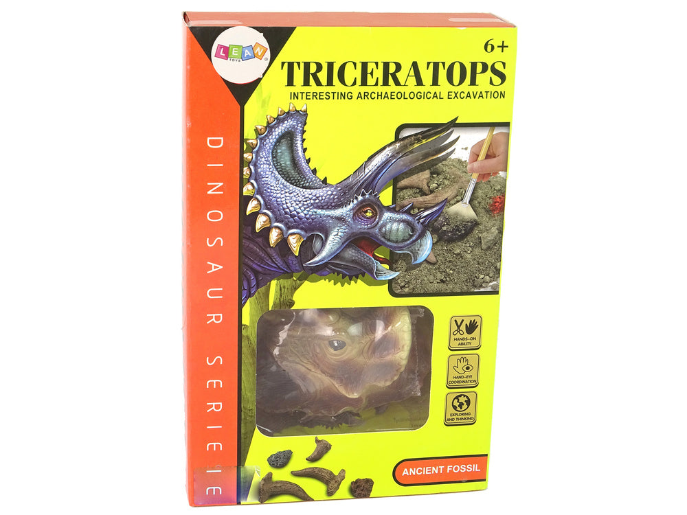 Edukační vykopávky dinosaura Triceratops s nástroji a lupou
