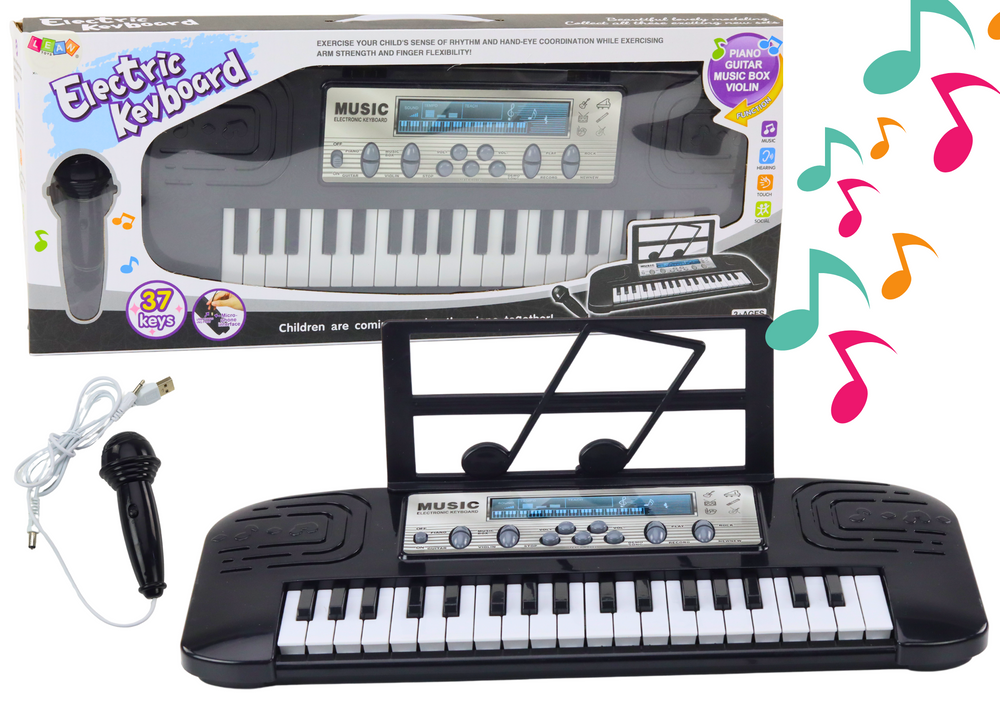 Elektrické piano pro děti s mikrofonem a stojanem 37 kláves – černé