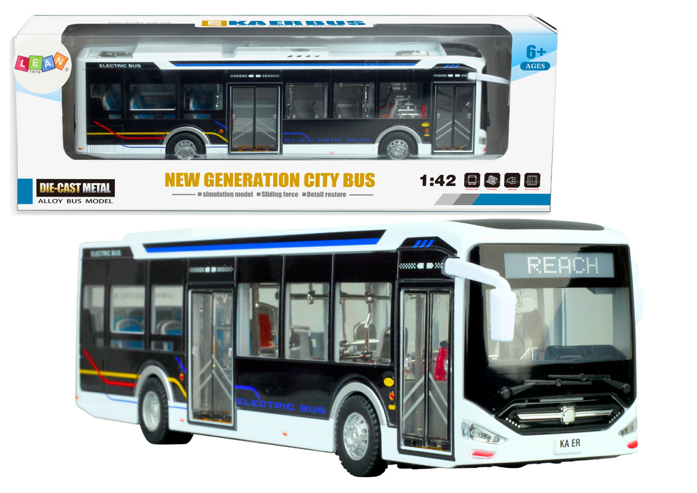 Elektrický městský autobus 1:42 kovový se světly bílý