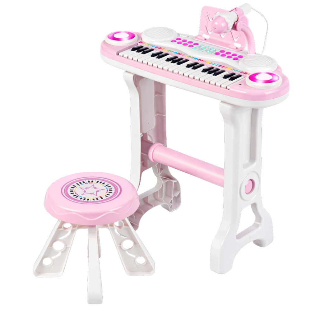 Elektronické piano s klávesami pro děti se stoličkou a mikrofonem – růžové
