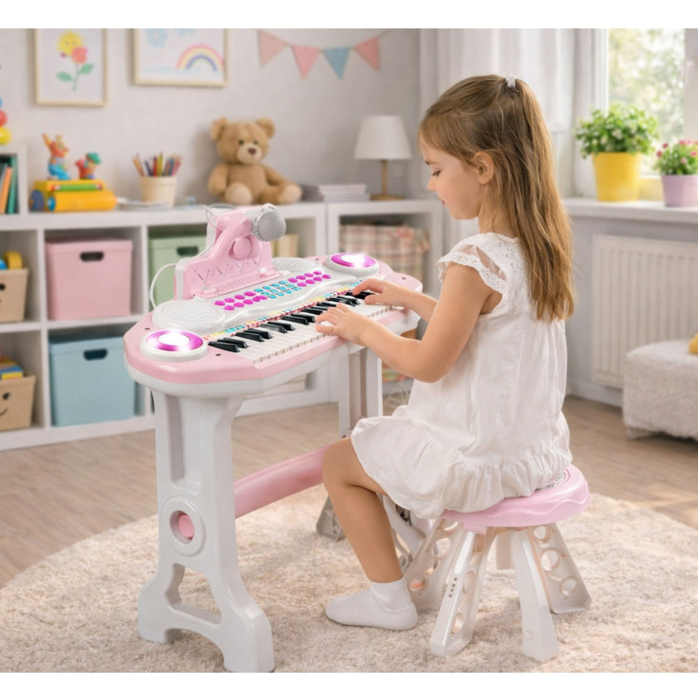 Elektronické piano s klávesami pro děti se stoličkou a mikrofonem – růžové