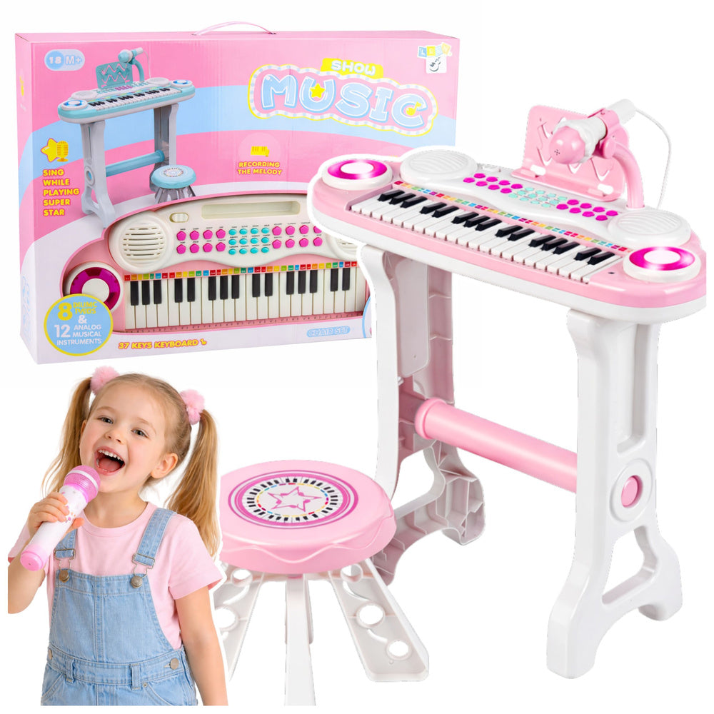 Elektronické piano s klávesami pro děti se stoličkou a mikrofonem – růžové