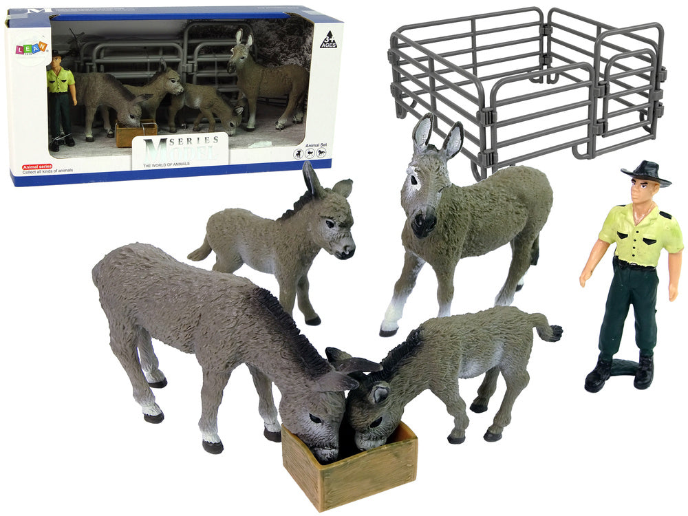 Farmářské figurky čtyři oslíci s rolníkem a ográdkou šedé