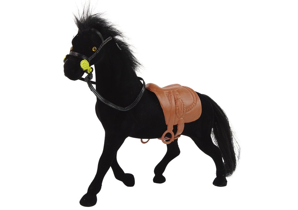 Figurka koně černá sametová – s hnědým sedlem 17 cm | farma
