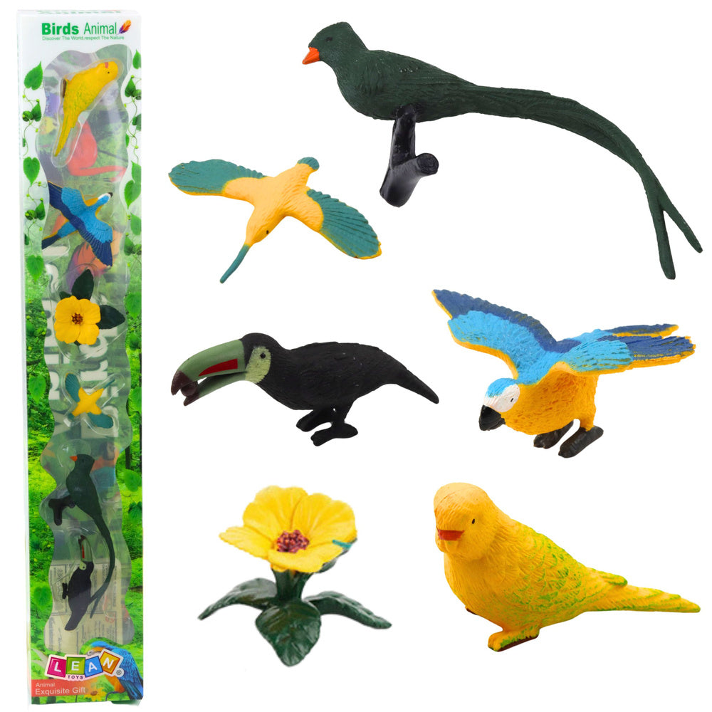 Figurky exotických ptáků s hibiskusem – 6 ks žluté 4 11 cm