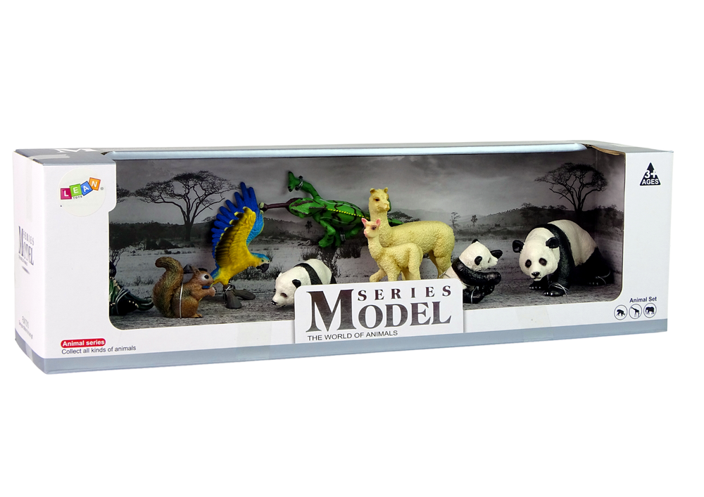 Figurky zvířat sada – panda papuga lama veverka chameleón