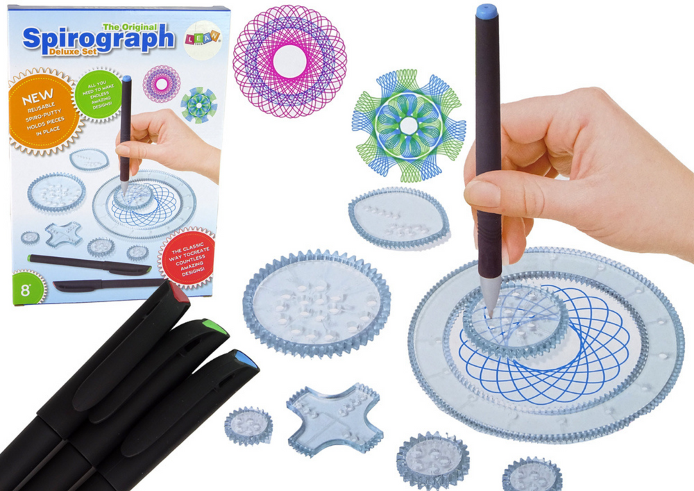 Geometrická sada spirograf s kruhy fixy a modelínou 28 dílů