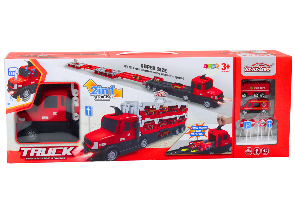 Hasičská laweta s tratí 2v1 světla zvuky značky autíčka červená