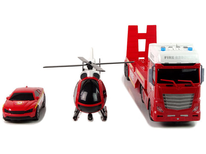 Hasičská sada s lawetou – auto a helikoptéra červená