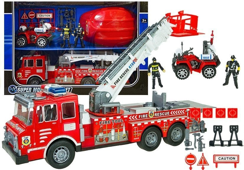 Hasičský set s vozem drabiną helmou čtyřkolkou a figurkami