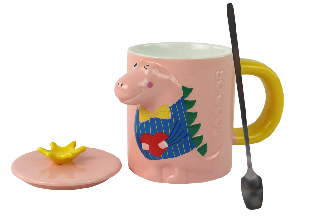 Hrnek s víčkem a lžičkou 3D dinosaurus – 400 ml růžový