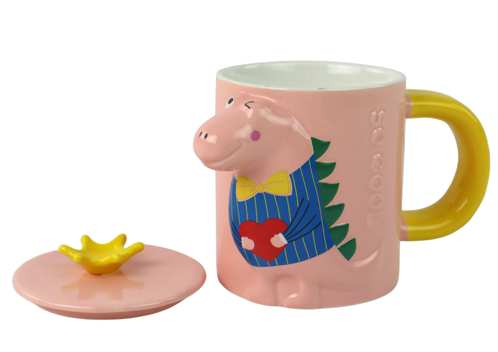 Hrnek s víčkem a lžičkou 3D dinosaurus – 400 ml růžový