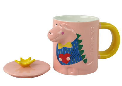 Hrnek s víčkem a lžičkou 3D dinosaurus – 400 ml růžový