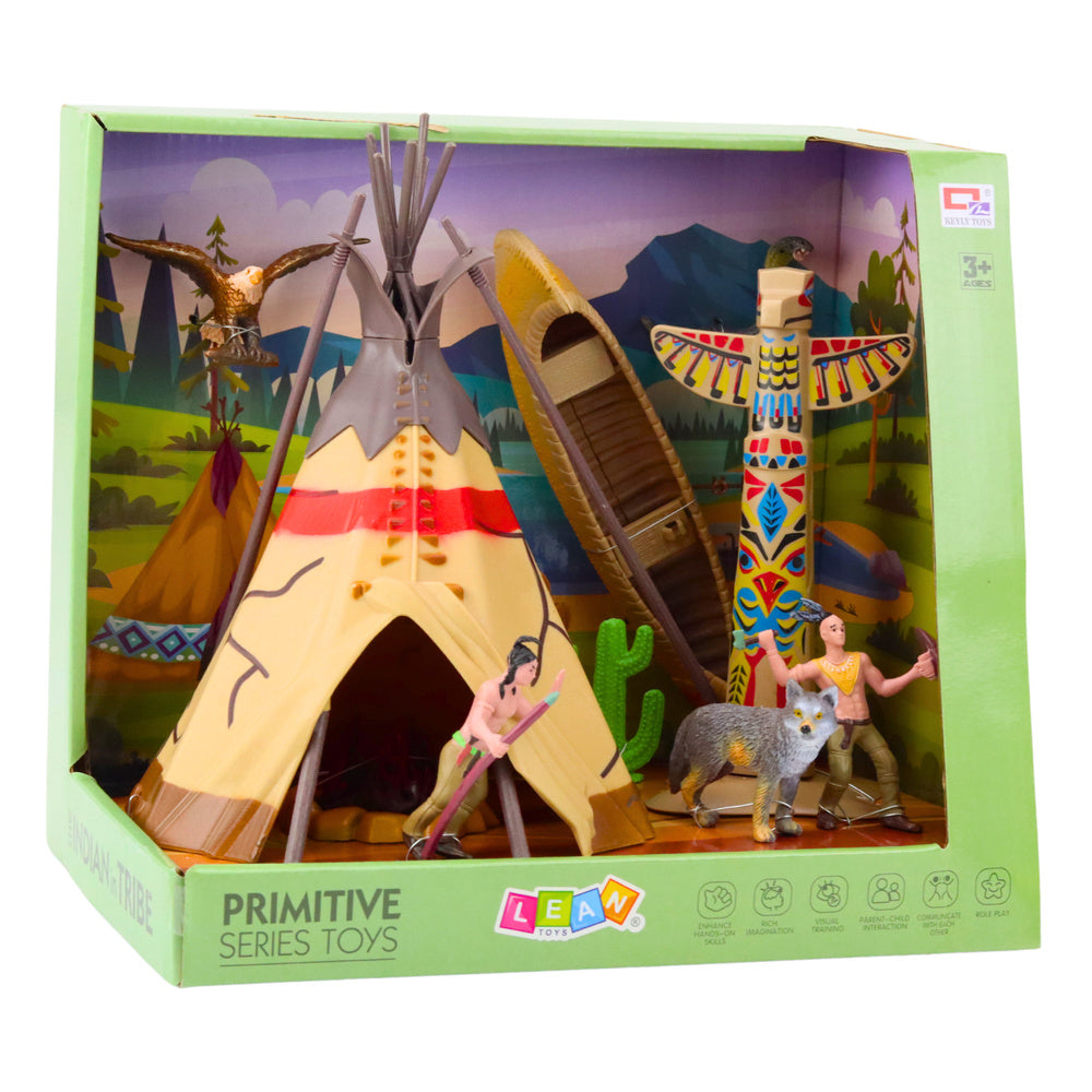 Indiánská vesnice s tipi figurkami – totem ohniště kajak