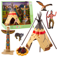 Indiánská vesnice s tipi figurkami – totem ohniště kajak