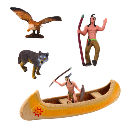 Indiánská vesnice s tipi figurkami – totem ohniště kajak