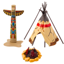 Indiánská vesnice s tipi figurkami – totem ohniště kajak