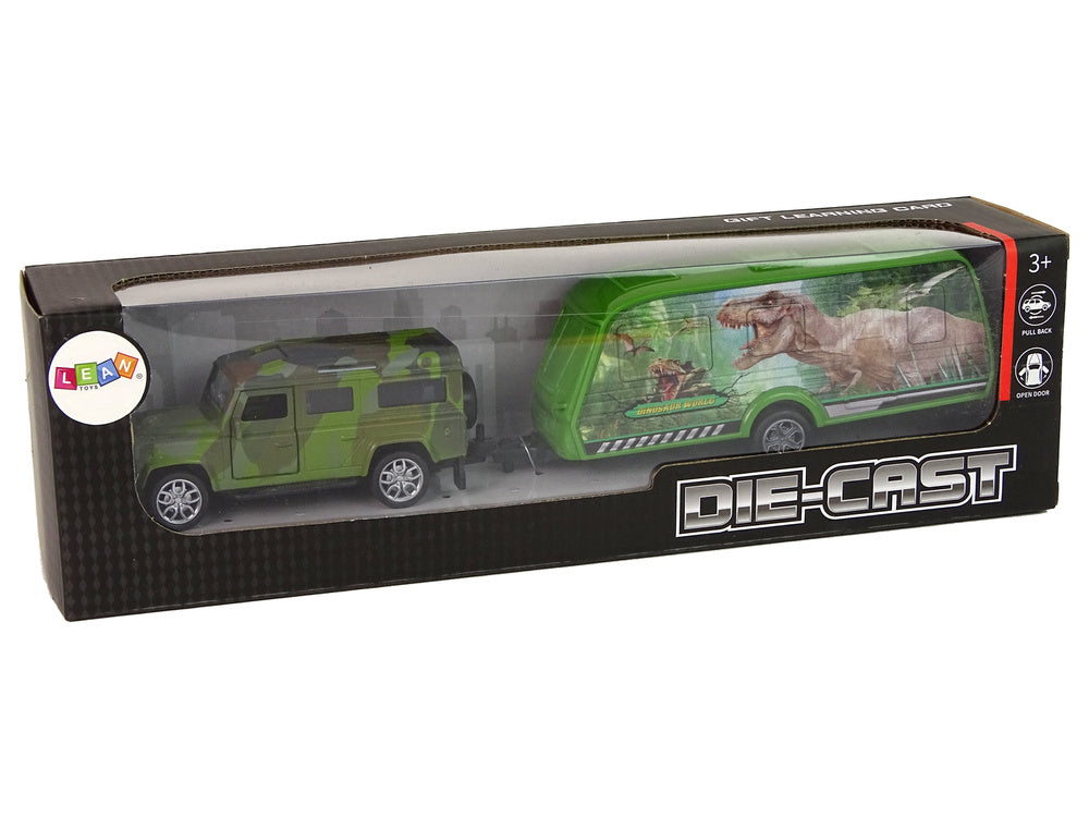 Jeep s přívěsem na natahování – s dinosaury a kartami