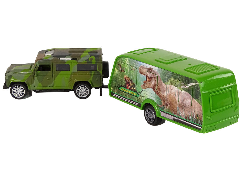 Jeep s přívěsem na natahování – s dinosaury a kartami