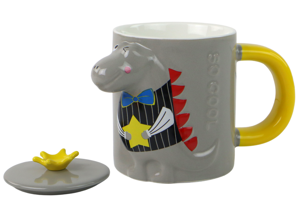 Keramický hrnek 3D dinosaurus – s víčkem a lžičkou | šedý