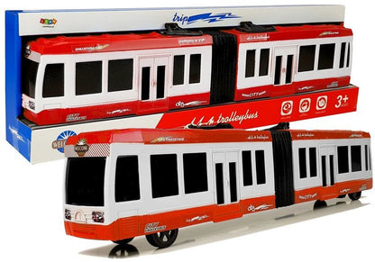Kloubový autobus s frikčním pohonem červený