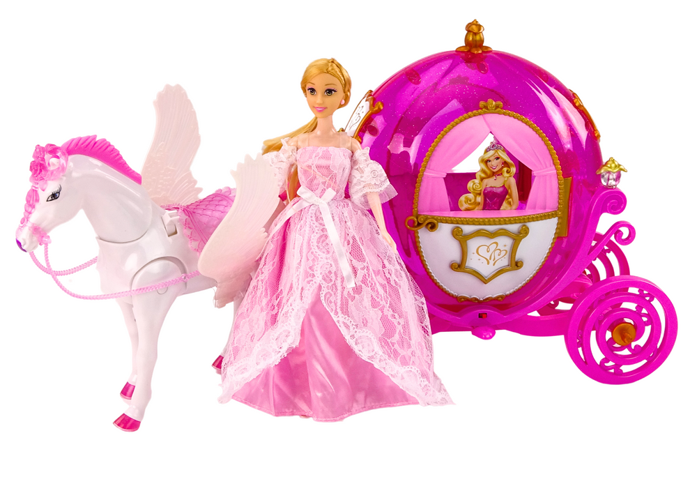 Kočár s koněm a panenkou princeznou – Pegas růžový