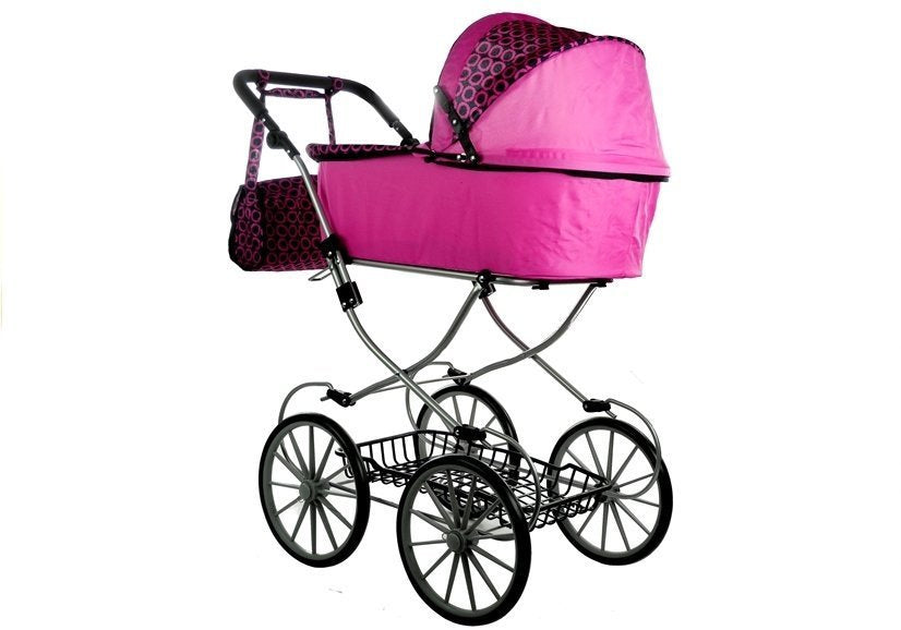 Kočárek pro panenky Alice retro s taškou růžovo černý