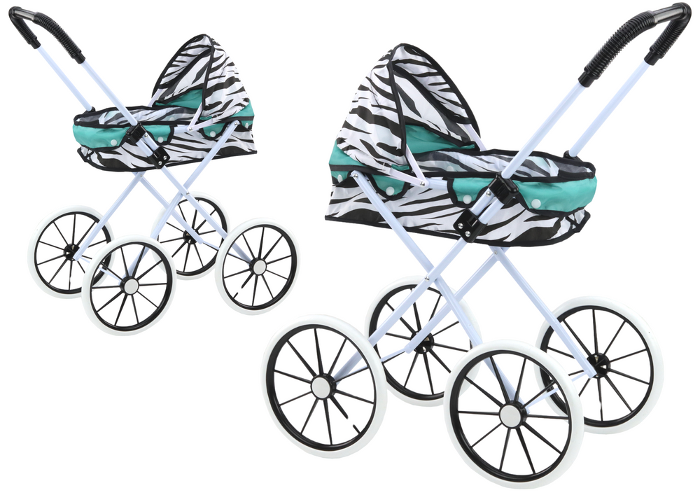 Kočárek pro panenky skládací – s velkými koly | zebra tyrkysový