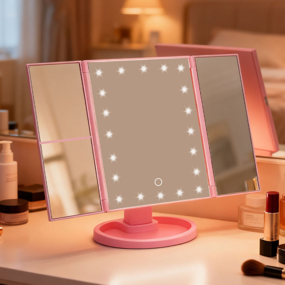 Kosmetické zrcátko s LED osvětlením a zvětšením – růžové