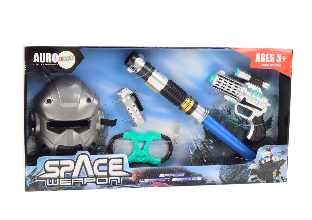 Kosmický bojový set s mečem pistolí maskou a robotem