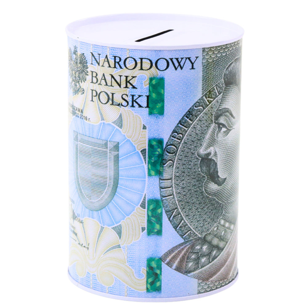 Kovová pokladnička pro děti s motivem bankovky 500 zł 15x10cm