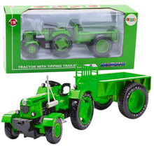 Kovový traktor s přívěsem 1:18 pohyblivé kola zelený