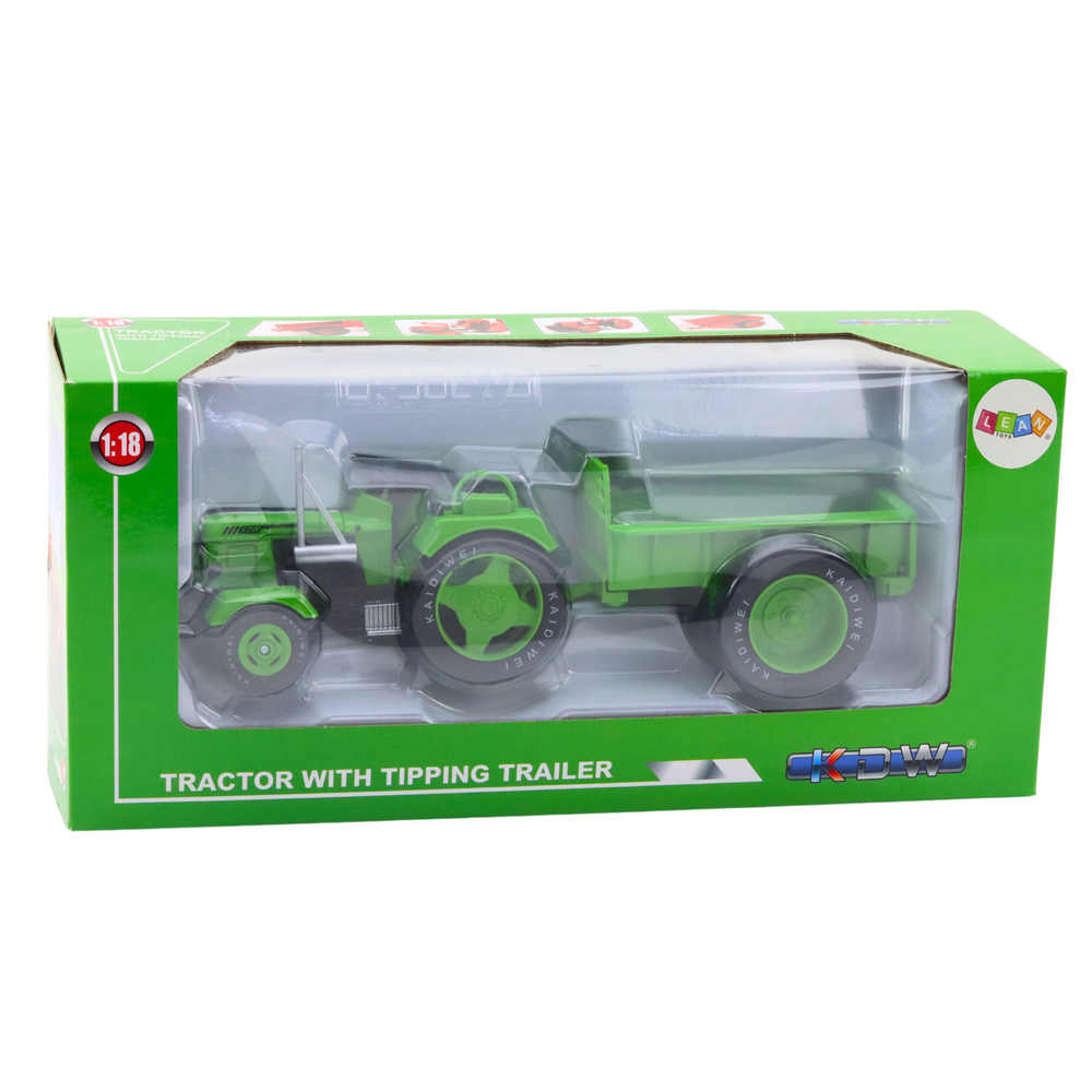 Kovový traktor s přívěsem 1:18 pohyblivé kola zelený