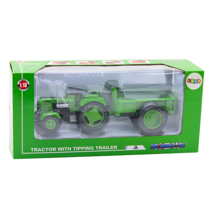 Kovový traktor s přívěsem 1:18 pohyblivé kola zelený
