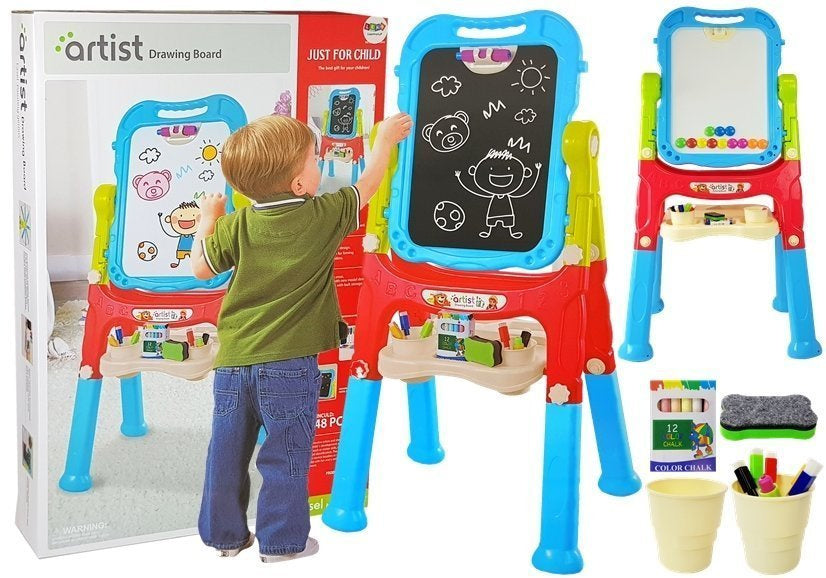 Magnetická kreslicí tabulka 2v1 s křídami a fixy modro červená