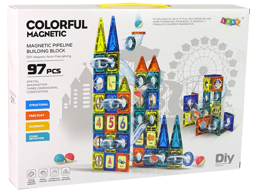 Magnetické kostky hrad s kuličkovou dráhou 97 dílů