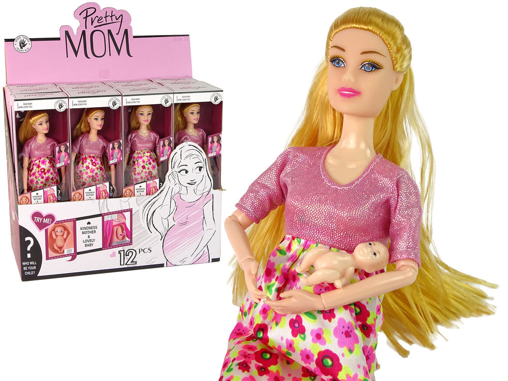 Maminka panenka s miminkem růžové šaty s květy pohyblivé končetiny