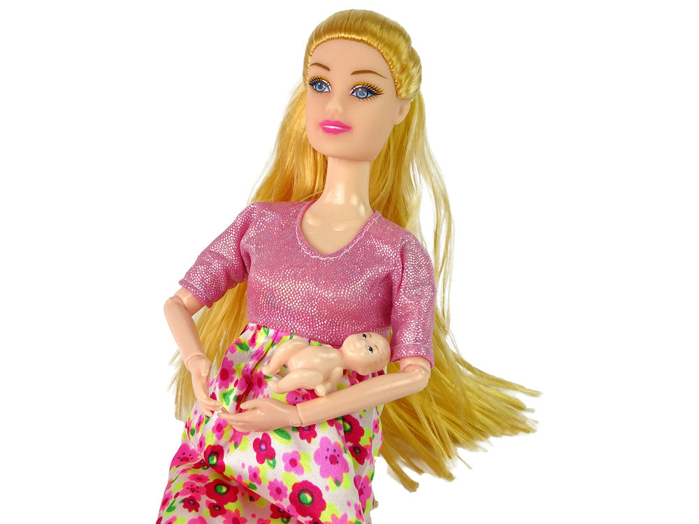 Maminka panenka s miminkem růžové šaty s květy pohyblivé končetiny