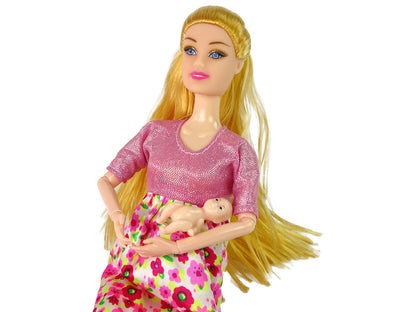 Maminka panenka s miminkem růžové šaty s květy pohyblivé končetiny