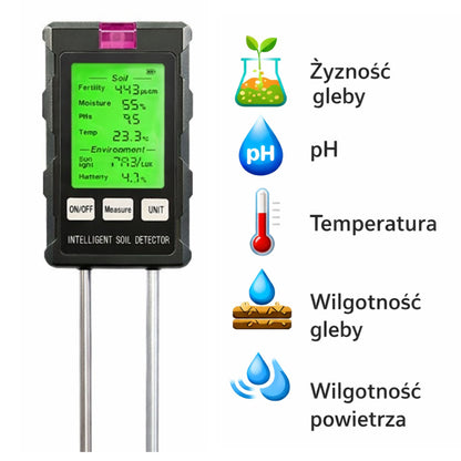 Měřič vlhkosti půdy 6v1 s teploměrem a pH metrem – 23 cm